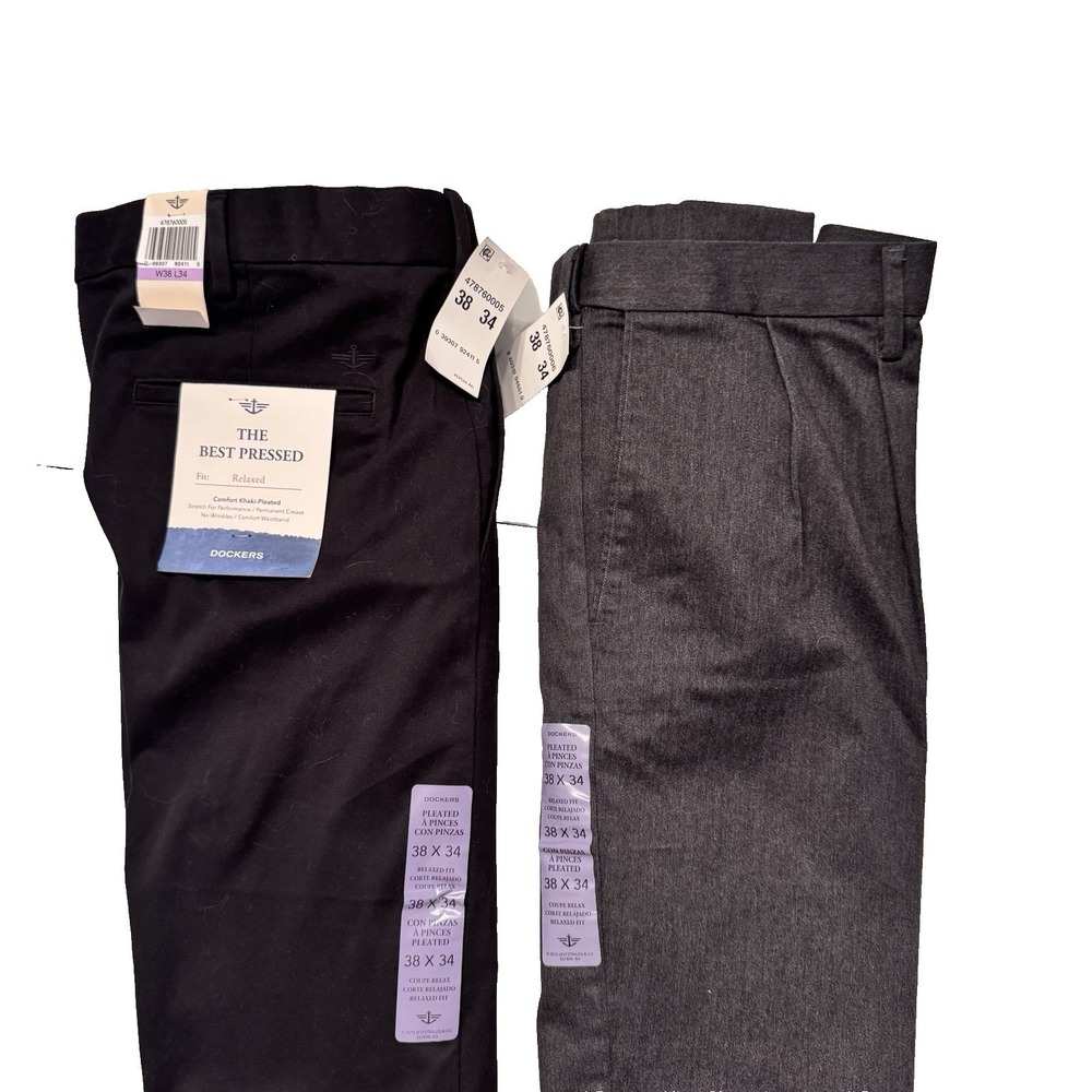 2 Dockers Chino Pants NWT Men's 38x34 Relaxed‎ Cuffs Crease Pleated, No Wrinkle